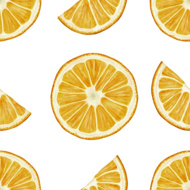 Yuvarlak turuncu ve portakal dilimleri. turuncu ve sarı. Sulu ve parlak bir illüstrasyon. Suluboya çizimi. Arkaplanı olmayan desen.