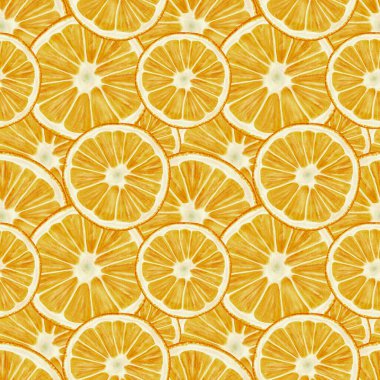 Portakallı kusursuz desen. Yuvarlak meyve ve yarım portakal. Portakal sulu renk. Suluboya çizimi. Arkaplan yok. 