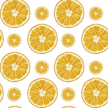 Kusursuz yuvarlak portakal deseni. Farklı boyutlarda meyveler, küçük ve büyük portakallar. Sulu portakal meyvesi. Suluboya çizimi. Arkaplan yok.