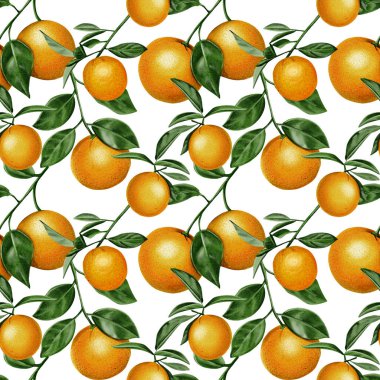 Kusursuz desen. Portakal bitkisi. Yapraklı ve çiçekli dallar bir şablona bağlıdır. Turunçgil meyvesi. Portakallar sulu renkli portakallardır. Suluboya çizimi. Arkaplan yok. 