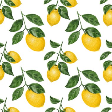 Dalların üzerinde yapraklarla sulu sarı limonlar. Geçmişi olmayan kusursuz bir model. Turunçgiller ve bitkiler. Suluboya çizimi. 