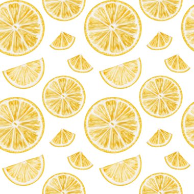 yuvarlak limon dilimleri. Sulu narenciye meyvesi parçalara ayrılmış. Geçmişi olmayan kusursuz bir model. Suluboya çizimi. Sarı ve beyaz doğal renkler. Boltanik resim. 