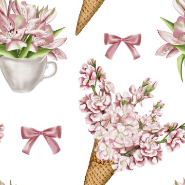 Çiçeksiz desenli, küçük pembe çiçekli, dondurmalı ve zambaklı. Kızlar için çizim. Çok narin pembe renkler ve ipek fiyonklar. Arkaplansız suluboya resimleme. 