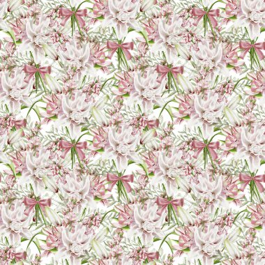 Bir buket çiçek, bahar paleti. Kusursuz desen. Geçmişi olmayan suluboya resimler. Pastel renklerde çok farklı renkler. Buket bir kurdeleyle bağlanmış. Kumaş ve kağıt için..