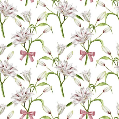 Zambaklar ipek kurdeleyle bağlanır. Kusursuz desen. Geçmişi olmayan suluboya resimler. Dallı beyaz zambaklar. Yapraklı çiçekler. Tomurcuklar. Bahar çiçeği düzenlemeleri. 