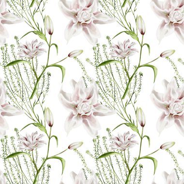 Bahar çiçekleri. Kusursuz desen. Geçmişi olmayan suluboya resimler. Zambaklar ve yapraklı tomurcuklar. Küçük yapraklı ince bir bitki. Şenlik süsü. 