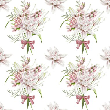 Large beautiful bouquet with flowers and lily. Seamless pattern. Watercolor illustration without background. Spring festive bouquet of different flowers. Delicate pastel color palette.  clipart