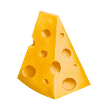  Büyük delikli bir parça peynir. Maasdam geleneksel yemekleri. Üçgen şeklinde bir parça. Fareler için tedavi. Suluboya çizimi. Arka plandan izole edilmiş. Çocuk besin örnekleri. 