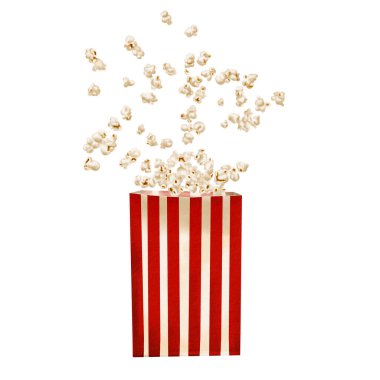  Patlamış mısır kese kağıdından uçar. Küçük gevrek bir aperatif farklı yönlere uçar. Çizgili kese kağıdı. Sinema ve partiler için klasik retro tarzı. suluboya resimleme arkaplandan izole. 