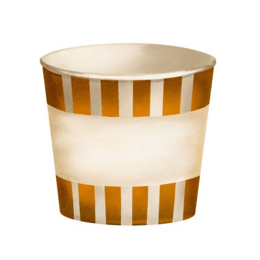  Kağıt bardak. Boş tabaklar. Büyük çizgili saksı. Geçmişi olmayan suluboya resimler. Tabaklar altın ve sarı çizgili. Patlamış mısır ve abur cubur tabağı. Bir yazıt için yer.