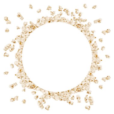 Patlamış mısırın yuvarlak çerçevesi. Çıtır çıtır aperatif farklı yönlere uçuyor. Geçmişi olmayan suluboya resimler. Menüler, reklamlar, kartpostallar ve yemek paketleri için. Ev yapımı mısır. 