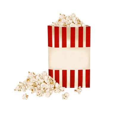 Bir paket patlamış mısır. Atıştırmalıklı kağıt kap. Patlamış mısır ve sinema için klasik retro tarzı. Altın çizgiler. Çıtır çıtır tuzlu atıştırmalık. suluboya resimleme arkaplandan izole. 