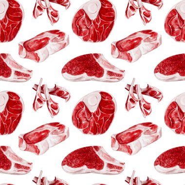 Çiğ et, domuz eti, kuzu eti ve at eti. Farklı et türleriyle kusursuz desen. Et kemikte ve filetoda. Suluboya çizimi arkaplandan izole edildi. 