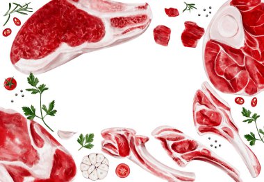 Çiğ et. Biftek ve kuzu. Biftek pişirmek için baharatlar. Kırmızı çiğ fileto ve etli pirzola. Taze kuzu. Menü ve ürün listesi tasarımı. Nane ve biftek dükkanları için. Yüksek kaliteli illüstrasyon