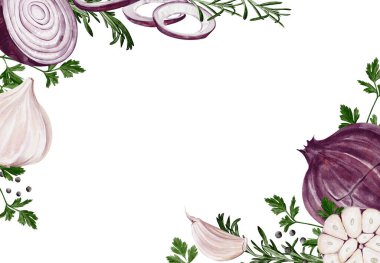 Sarımsaklı ve kırmızı soğanlı çerçeve. Yeşillik. Farklı türde maydanoz ve biberiye. Akşam yemeği için baharat seti. Suluboya çizimi arkaplandan izole edildi. Yüksek kaliteli illüstrasyon