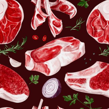 Et ve baharatlarla kusursuz desen. Biftek ve pirzola ile biftek ve kuzu eti. Otlu baharat ve soğan. Mutfak ve bakkal deseni. Kasap dükkanı ve dekor. Çiğ taze et.. 