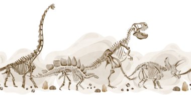 Dinozor iskeletleri ve çakıl taşlarıyla kusursuz bir sınır. Hafif arkaplan. Theranosaurus, Traceratops ve Stegosaurus birbiri ardına gidiyorlar. Suluboya çizimi. El çizimi. Yüksek kaliteli illüstrasyon