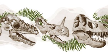  Dinozor kafataslarıyla kusursuz sınır. Tyrannosaurus ve Traceratops iskeletleri eğreltiotu yapraklarıyla süslenmiştir. Geçmişi olan fosiller. Suluboya çizimi. El çizimi. Yüksek kaliteli illüstrasyon