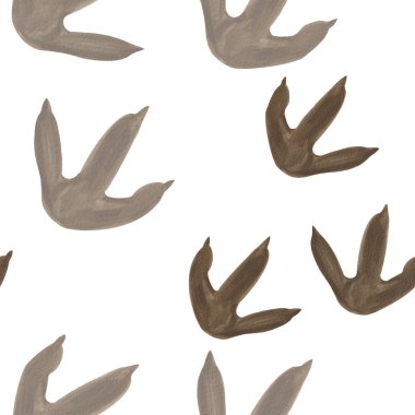  Kusursuz desenli üç parmaklı yırtıcı pençe izi. Hayvan ayak izleri. Dinozor ya da canavar. Kahverengi theranosaurus ayak izleri. Geçmişi olmayan suluboya resimler. El çizimi. 