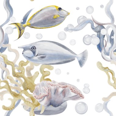 Tropikal balıklarla, fil balıklarıyla ve cerrah balıklarıyla kusursuz desen. Algler ve mercanlar. Deniz taşları ve baloncuklar. Yumuşak mavi okyanus deseni. Arkaplansız suluboya resimleme, el çizimi. 
