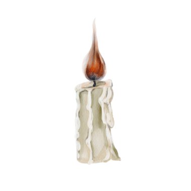 Ateşli beyaz mum. Mum yanar ve erir. Gotik ateş. Klasik dekor. Cadılar Bayramı ve mistik dekorasyon. Suluboya çizimi. El çizimi. Yüksek kaliteli illüstrasyon