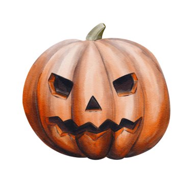 Cadılar Bayramı balkabağı. Vale kafası. Korkunç korkunç bir yüz. Tatil dekoru. Sonbahar hasadı. Büyük turuncu balkabağı. Geçmişi olmayan suluboya resimler. El çizimi. Yüksek kaliteli illüstrasyon