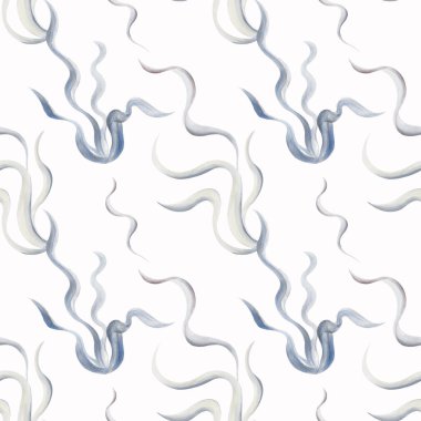 Su altı bitkilerinde pürüzsüz desen. Mavi algler bir desen içinde birbirine dolanır. Deniz dalgaları. Su altı dünyası. Süs. Arkaplandan izole edilmiş suluboya çizimi. El çizimi. 