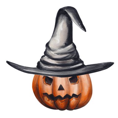 Cadı şapkalı balkabağı. Büyük turuncu sebze. Cadılar Bayramı dekoru. Vale kafası. Tatil için fener. Cadı aksesuarları. Geçmişi olmayan suluboya resimler. El çizimi. 