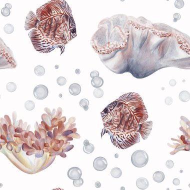 Disk balığı ve alglerle kusursuz desen. Tropik kırmızı balık, ektinya ve algler arasında yüzer. Arka planda çok baloncuk var. Suluboya çizimi. El çizimi. 