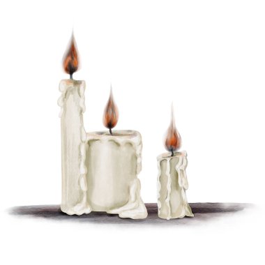 Yanan mumlar, yüzeyde durun. Beyaz klasik kilise ve ayin mumları ateşle yanıyor. Balmumu erir. Klasik gotik tarzı. Geçmişi olmayan suluboya resimler. El çizimi. 