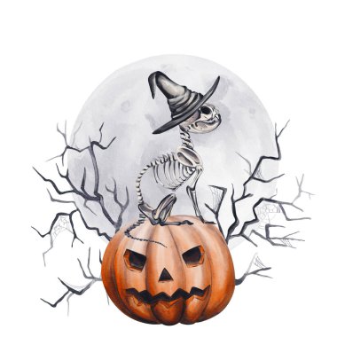 Hayvan iskeleti yüzlü bir balkabağının üzerinde oturuyor. Vale kafası. Hayvan iskeleti. Cadı şapkası. Arka plan dolunay ve korkunç bir orman. Suluboya çizimi. El çizimi. Yüksek kaliteli illüstrasyon