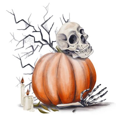 İnsan kafatası bir balkabağının üzerinde yatar. Kemik el yere uzanıyor. Mumlar yanıyor. Arka planda korkunç bir dal var. Cadılar Bayramı dekoru, suluboya çizimi. El çizimi. Yüksek kaliteli illüstrasyon