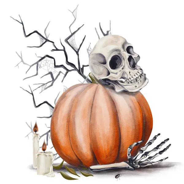 İnsan kafatası bir balkabağının üzerinde yatar. Kemik el yere uzanıyor. Mumlar yanıyor. Arka planda korkunç bir dal var. Cadılar Bayramı dekoru, suluboya çizimi. El çizimi. Yüksek kaliteli illüstrasyon