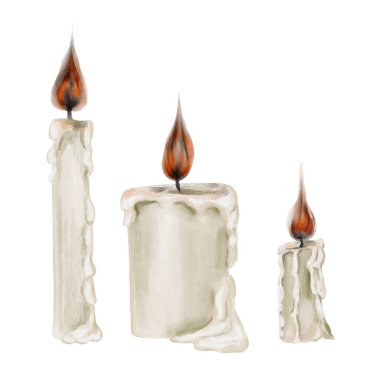 Ateşli mumlar. Yakma ve eritme gotik mumlar. Ayin ve kilise aksesuarları. Farklı şekillerde mumlar. Arkaplandan izole edilmiş suluboya çizimi. El çizimi. 
