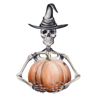 Cadı şapkalı iskelet balkabağı tutuyor. Cadılar Bayramı canavarı. Kara büyü şapkası. Yaşayan ölü. Suluboya çizimi arkaplandan izole edildi. El çizimi. Yüksek kaliteli illüstrasyon