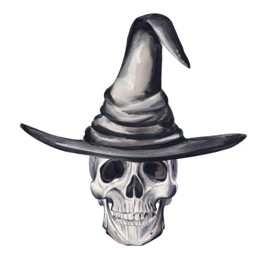 Büyük siyah büyücü şapkalı bir kafatası. Cadı şapkalı bir iskelet kafa. Ürkütücü yüz. Cadılar Bayramı dekoru. Arkaplandan izole edilmiş suluboya çizimi. El çizimi. Etiketler, şablonlar ve davetiyeler için. 
