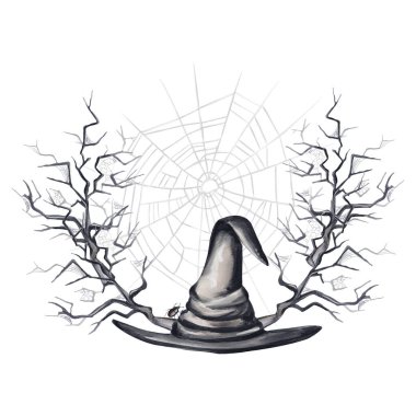  Ağlı korkunç kıvrımlı dalların çerçevesi. Cadı siyah şapkası. Yuvarlak çerçeve ya da çelenk. Cadılar Bayramı dekoru. Gotik tarzı. Geçmişi olmayan suluboya resimler. El çizimi. Yüksek kaliteli illüstrasyon