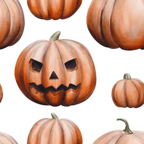 Balkabaklarıyla kusursuz desen. Vale kafası. Cadılar Bayramı modeli. Sonbahar hasadı. Arkaplandan izole edilmiş suluboya çizimi. El çizimi. Kumaş, tekstil ve duvar kağıtları için. 