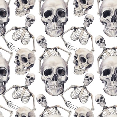 İskeletlerle kusursuz desen. İnsan kafatasları ve kemikleri. Gotik tarzı. Cadılar Bayramı için örnek. Geçmişi olmayan suluboya resimler. El çizimi. Kumaş, tekstil ve duvar kağıtları için. 