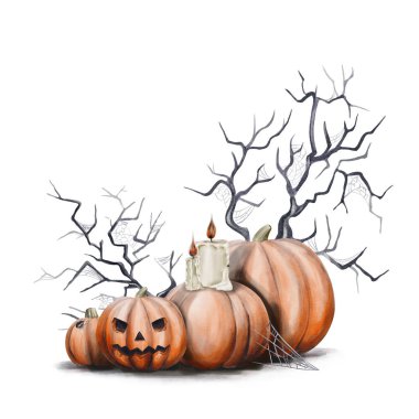 Cadılar Bayramı için balkabakları. Vale kafası. Sonbahar hasadı. Ayin için mumlar. Korkunç ağaçlar ve gölgeler. Örümcek ağı. Geçmişi olmayan suluboya resimler. El çizimi. Şablon ve afiş. 