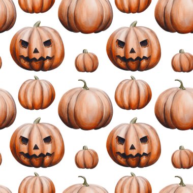 Balkabaklarıyla kusursuz desen. Vale kafası. Cadılar Bayramı modeli. Sonbahar hasadı. Arkaplandan izole edilmiş suluboya çizimi. El çizimi. Kumaş, tekstil ve duvar kağıtları için. 