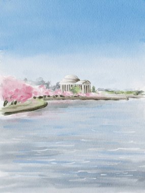Washington 'da Kiraz Çiçeği Festivali. Sakura sırasında Jefferson Memorial. Arka planda pembe ağaçlar olan göl. Kartpostal ya da şablon geçmişi. Suluboya çizimi. El çizimi. 