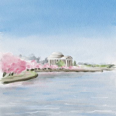 Washington 'da Kiraz Çiçeği Festivali. Sakura sırasında Jefferson Memorial. Arka planda pembe ağaçlar olan göl. Kartpostal ya da şablon geçmişi. Suluboya çizimi. El çizimi. 