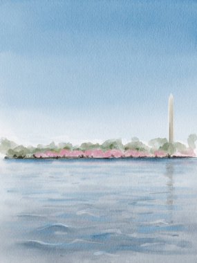 Baharda Kiraz Çiçeği Festivali sırasında Washington Anıtı. Washington, DC 'de. Suluboya çizimi. El çizimi. Yüksek kaliteli illüstrasyon