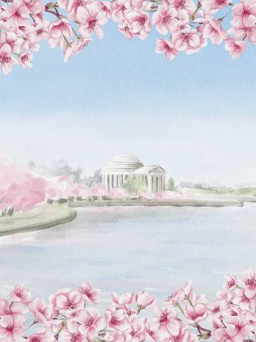 Washington 'da Kiraz Çiçeği Festivali. Sakura sırasında Jefferson Memorial. Arka planda pembe ağaçlar olan göl. Kartpostal ya da şablon geçmişi. Suluboya çizimi. El çizimi. Yüksek kaliteli illüstrasyon