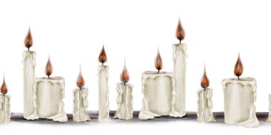 Gotik mumların kusursuz sınırı. Uzun ve kısa beyaz mumlar yanıyor. Balmumu eriyor. Mumlar tematik yüzeyde duruyor. Suluboya çizimi arkaplandan izole edilmiştir. El çizimi