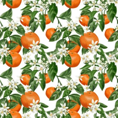  Portakallı kusursuz desen ve dallarda çiçekler. Turunçgilli küçük beyaz çiçekler. Yapraklar ve yapraklar. Geçmişi olmayan suluboya resimler. Elle çizilmiş. Antika retro tarzı. 
