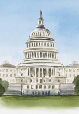 Washington 'daki Capitol. Watercolor illüstrasyon. Robot resim. El çizimi. Çocuk resimleri çiziyor. Amerika 'da bir bina. Kartpostal ya da afiş. Turistler için bir hatıra. Yüksek kaliteli illüstrasyon
