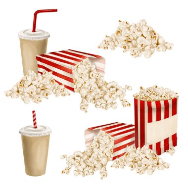 Kese kâğıdında popcon Snack olan çizimler. Kağıt bardakta samanla iç. Patlamış mısır döküldü. Kırmızı çizgili abur cubur paketi. Suluboya çizimi arkaplandan izole edildi. El çizimi. 