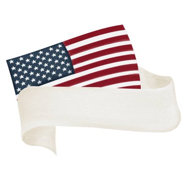 Amerikan bayrağı ve yazı için beyaz kurdele. Metin için şablon. Bağımsızlık Günü. Bayrak günü. Suluboya çizimi arkaplandan izole edildi. El çizimi. Yüksek kaliteli illüstrasyon